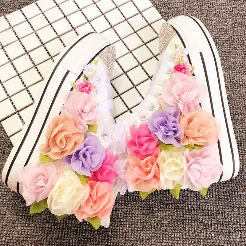 2018包邮手工花朵高帮帆布鞋女定制内增高原宿拼色松糕厚底女鞋潮