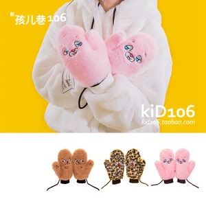 bentoy 斜眼动物暖暖刺绣手套 可爱少女软妹萌萌保暖挂脖手套