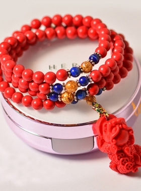 天然红朱砂108粒手链 红朱砂貔貅手链 108颗天然红朱砂手串