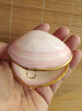 天然贝壳首饰盒 贝壳包包 打开式金边粉蛤贝壳镶嵌戒指盒创意礼物