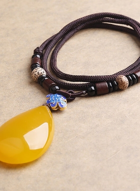 天然黄玉髓玛瑙水滴形吊坠项链长毛衣链进口手工挂绳限时促销包邮