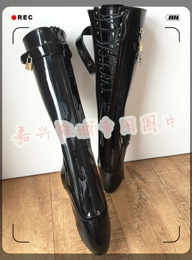 【嘉兴鞋城】黑色漆皮筒口带真锁性感女神芭蕾高筒靴 女靴BLZ1601