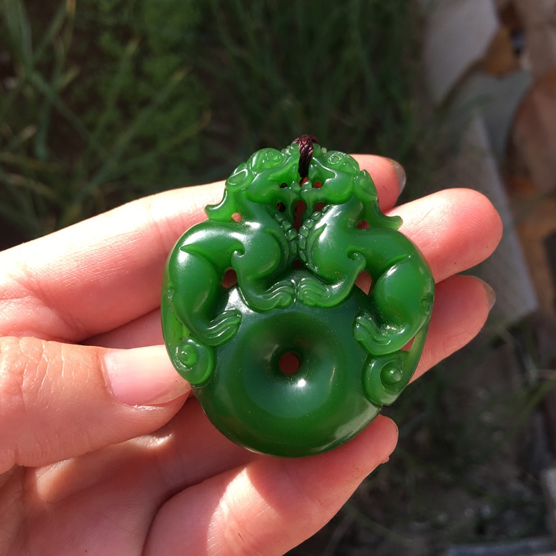 仿和田碧玉双貔貅平安扣吊坠事事如意平安扣貔貅项链送证书