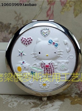Z2俄罗斯锡合金属双面折叠化妆镜银白色圆形hello kitty猫咪爱心