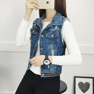 新品 铆钉短款 宽松加大码 修身 贴布牛仔马甲外套 女装 夏装