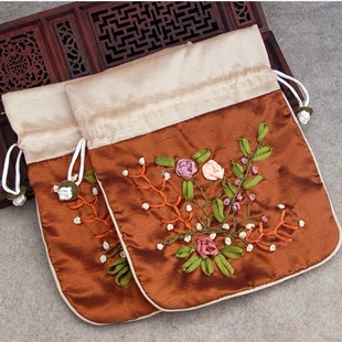 丝绸首饰袋 民族风手工绣花铜钱抽包高档锦囊小布袋佛珠袋咖啡色