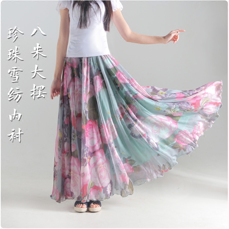 女装春夏新款女士仙女时尚印花雪纺半身长裙大码裙子大摆半身裙