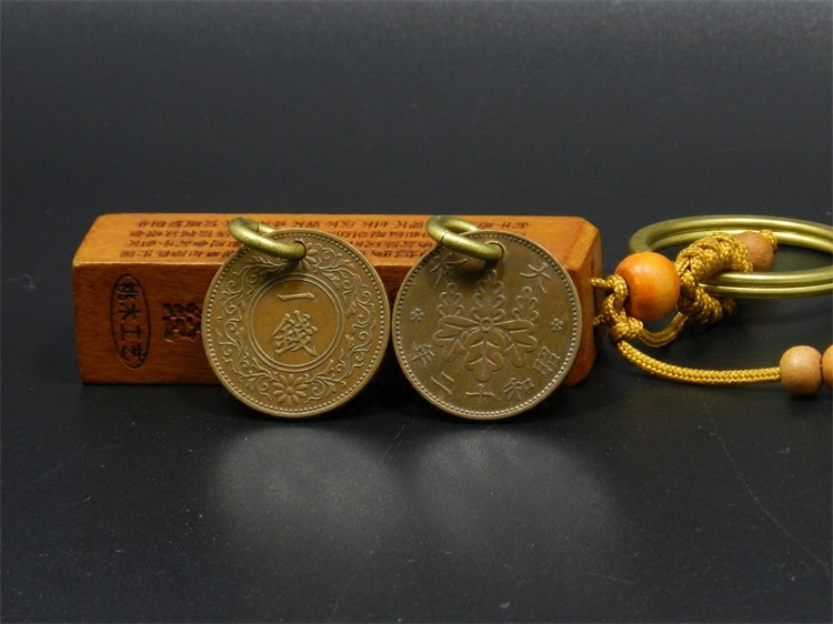 日本唐草一钱硬币吊坠 手工真币吊坠 幸运币吊坠挂件 23MM