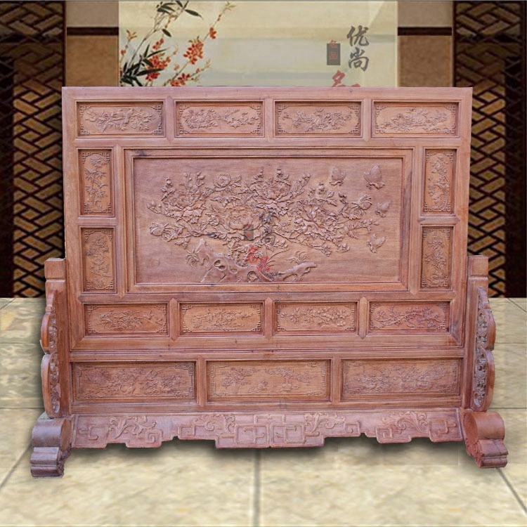 缅甸花梨木花开富贵屏风隔断 座屏中式客厅卧室隔断酒店移动玄关