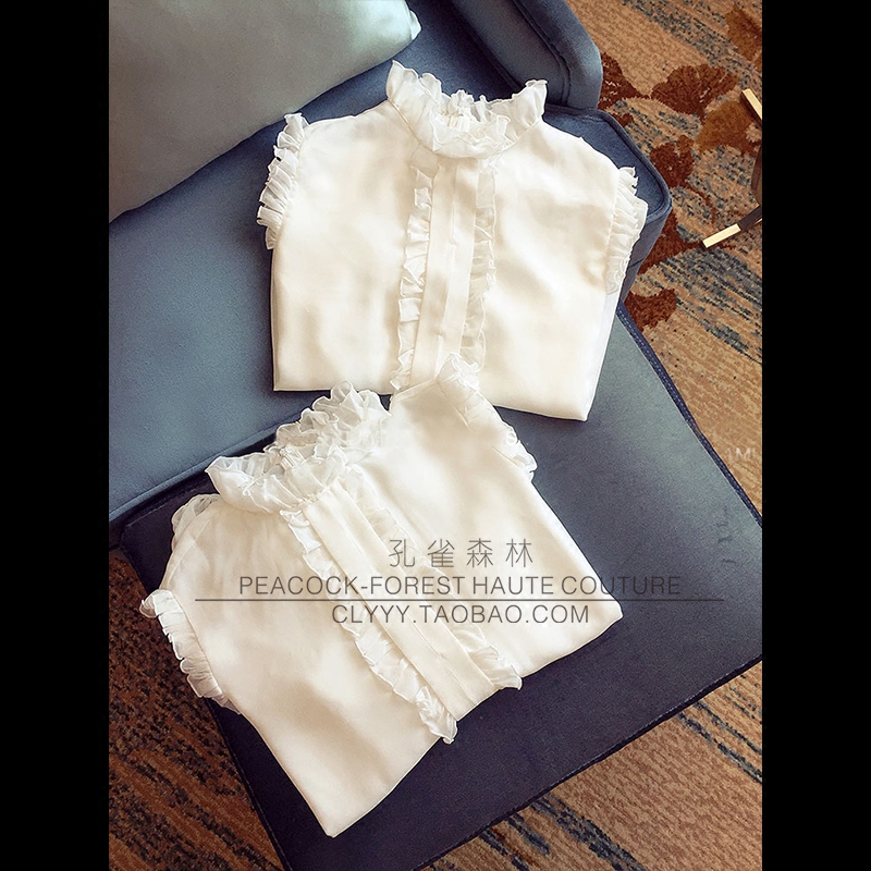 22春夏新款 宫廷风褶皱边仿真丝白色打底衬衫透视上衣灯笼袖宽松