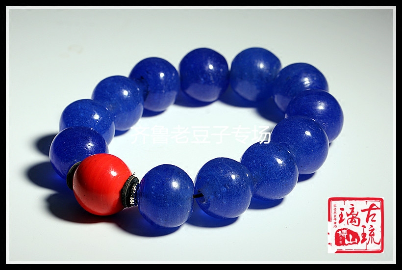 博山库存老琉璃夜光珠子20mm古法手工浅色宝石蓝老夜光琉璃珠手链