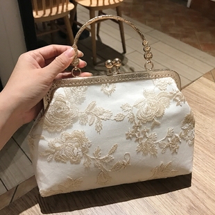 復古淑女旗袍手提斜挎兩用包 刺繡蕾絲口金包 新款 原創手工包