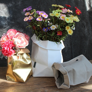 ins北欧创意牛皮纸袋花瓶花器花盆可水洗金色家居收纳袋软装饰品