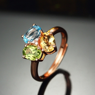 小肥珠宝 天然黄水晶橄榄石托帕石多宝彩色戒指银镀18K金女士首饰