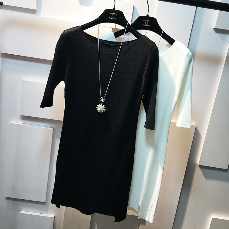 春季新韩版百搭纯色一字领连衣裙冰丝针织衫女套头中长款修身上衣