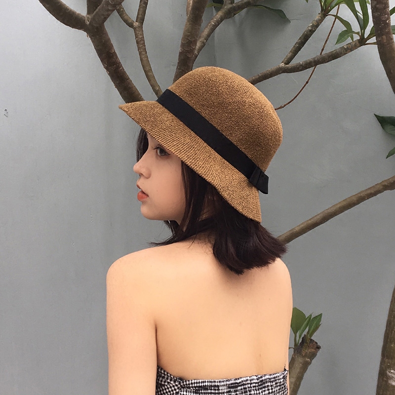 日系蝴蝶结圆顶盆帽女夏天文艺百搭渔夫帽韩版出游防晒遮阳帽子夏