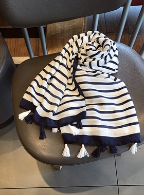 围巾女春秋薄度假防晒围巾蓝色条纹围巾大披肩旅游海边沙滩巾女