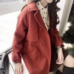 包邮。【ANLI STYLE】可爱减龄 甜美百搭双排扣 宽松中长毛呢外套
