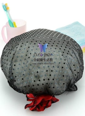 正品包邮台湾cleo性感小红花黑色珠亮片双层防水裙摆花边成人浴帽