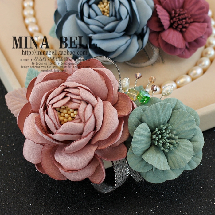 包邮 韩版手工花原创山茶花 仿真花 串珠水晶 弹簧夹顶夹发饰