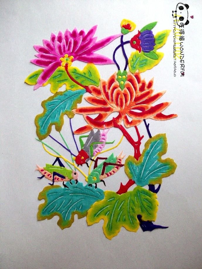 昆虫戏花系列 蝈蝈花卉之二 新年蔚县剪纸 手工刻 宣纸染色