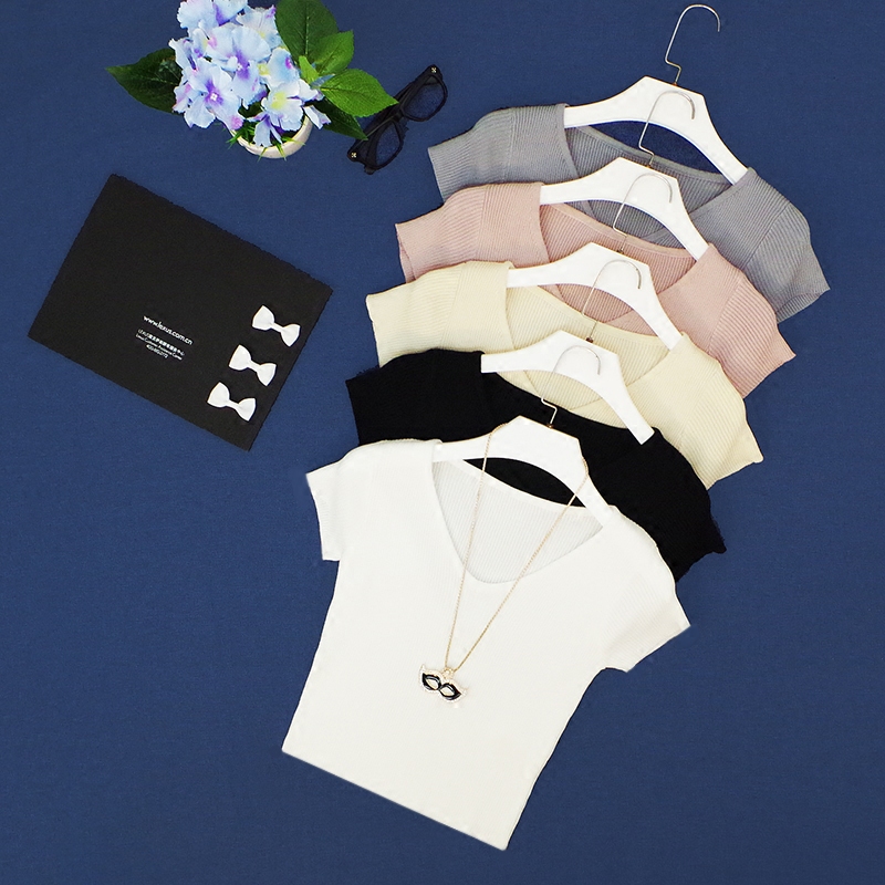 2021新冰丝针织t恤女夏短袖套头高腰性感v领超短款露脐打底衫上衣