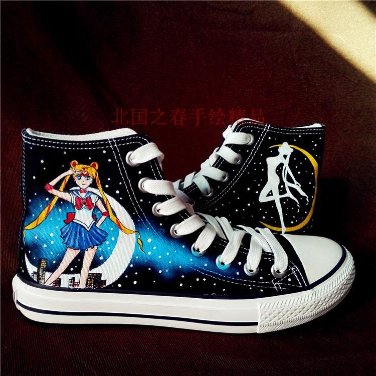远步手绘帆布鞋女秋季高帮系带款美少女战士卡通图学生休闲涂鸦鞋