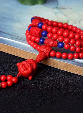 天然红朱砂108粒手链 红朱砂弥勒佛笑佛手链 108颗朱砂手串
