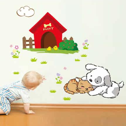 可移除墙贴 宠物狗狗树叶 卡通儿童房卧室电视背景墙贴纸贴画家装