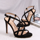 交叉带露趾防水台性感细高跟凉鞋 2023韩版 高跟黑色女凉鞋 新款 夏季