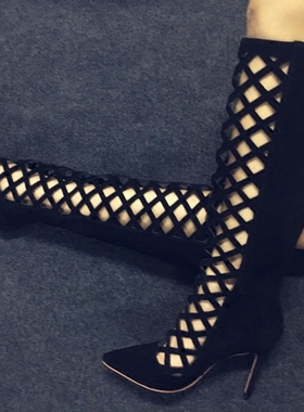 silla rulers 女鞋 尖头 超高跟 细跟 镂空 长靴 黑色 真皮10厘米