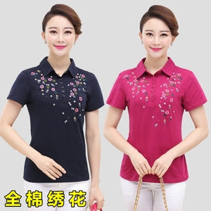 中老年女装夏季T恤妈妈短袖全棉POLO衫翻领绣花中年女式大码上衣