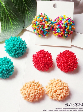 DD原创自制复古个性夸张气质纯手工串珠耳钉米珠圆形花球耳环耳夹