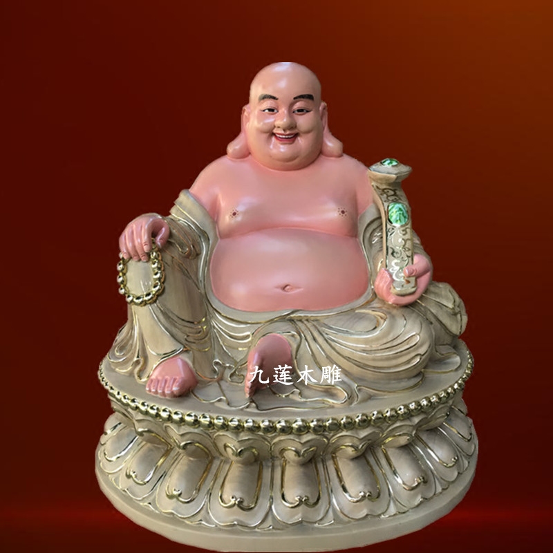 木雕佛像弥勒佛笑佛如意弥勒佛48公分香樟木精雕描金九莲木雕