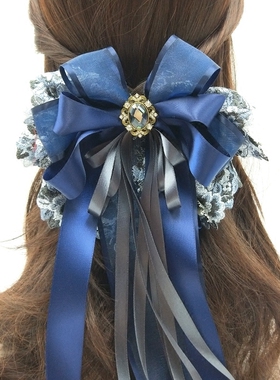 复古coser古代汉服发饰藏蓝色立体超大蕾丝蝴蝶结发夹短发弹簧夹