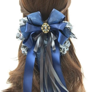复古coser古代汉服发饰藏蓝色立体超大蕾丝蝴蝶结发夹短发弹簧夹