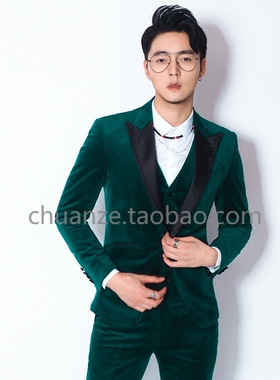 川泽定制金丝绒西服套装男复古绿色奢华时尚英伦修身男士西装礼服