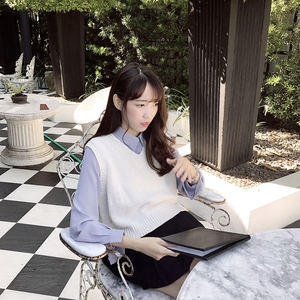 包邮。【ANLI STYLE】两侧开叉 甜美百搭 V领宽松净色套头马甲