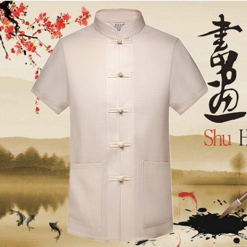 男士亞麻短袖唐裝中老年夏季中式漢服春夏立領棉麻布衣民族服在類目 男裝, 民族服裝中 - 來自Buy2taobao.com提供專業的淘寶代購服務