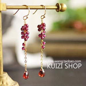 葵子手作 一月诞生石 重工设计 石榴石繁枝流苏纯银14k包金耳环