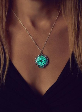 荷兰代购Locket◇手作梦幻六角形镀银圆形吊坠发光蓝绿色夜光项链