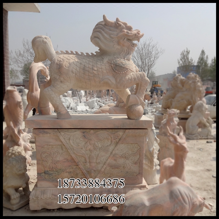 石雕晚霞红石材麒麟雕刻大理石招财貔貅麒麟大门口摆件加工定制