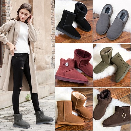 雪地靴女中筒短靴秋冬防滑女鞋加厚保暖学生棉鞋真皮加绒棉靴子潮