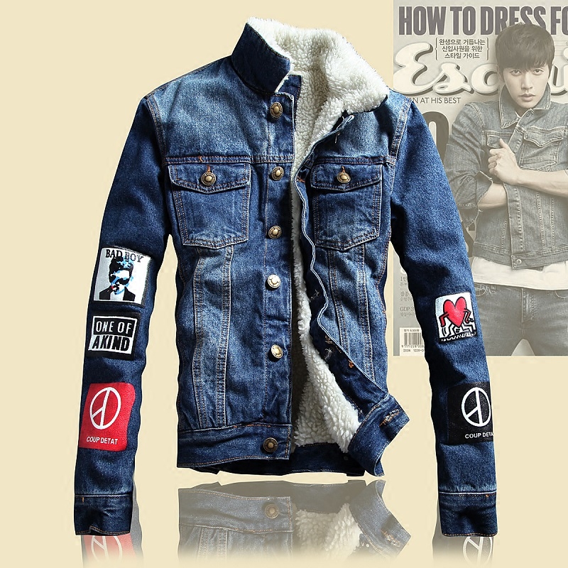 冬季棉衣加絨牛仔外套男仿羊羔毛印花修身加厚夾克青年棉服上衣潮在類目 男裝, 棉衣中 - 來自Buy2taobao.com提供專業的淘寶代購服務