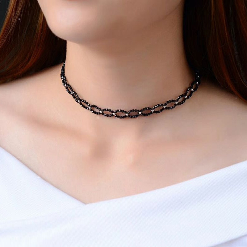 choker黑色尖晶石手编双层项链
