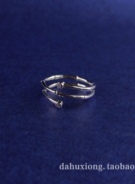 纯银双层竹节镶钻饰品开口戒指