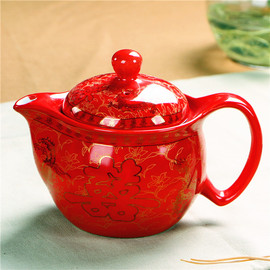 家用陶瓷中国红色茶具/龙凤双喜泡茶壶/结婚/婚庆新人敬茶壶