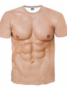 3d立体创意短袖衫t恤6八块腹肌肉男胸肌夜店恶搞笑比基尼肤色衣服