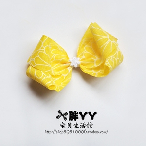 丫妈纯手工 美国进口黄色麻布花朵扭叶蝴蝶结儿童发饰发夹边夹