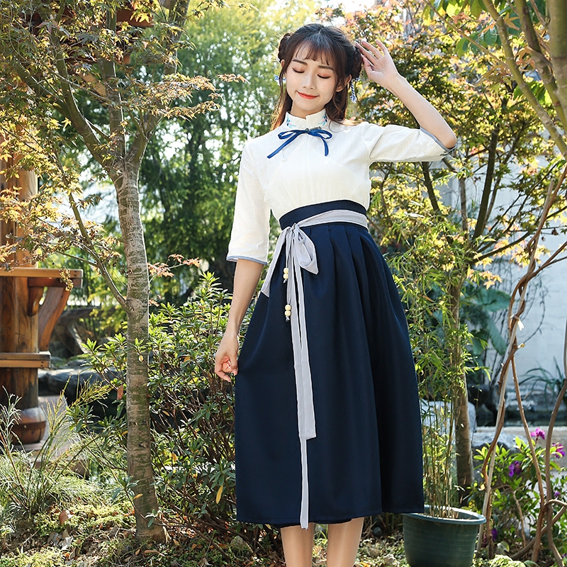 0汉服改良夏装民国学生上衣长裙